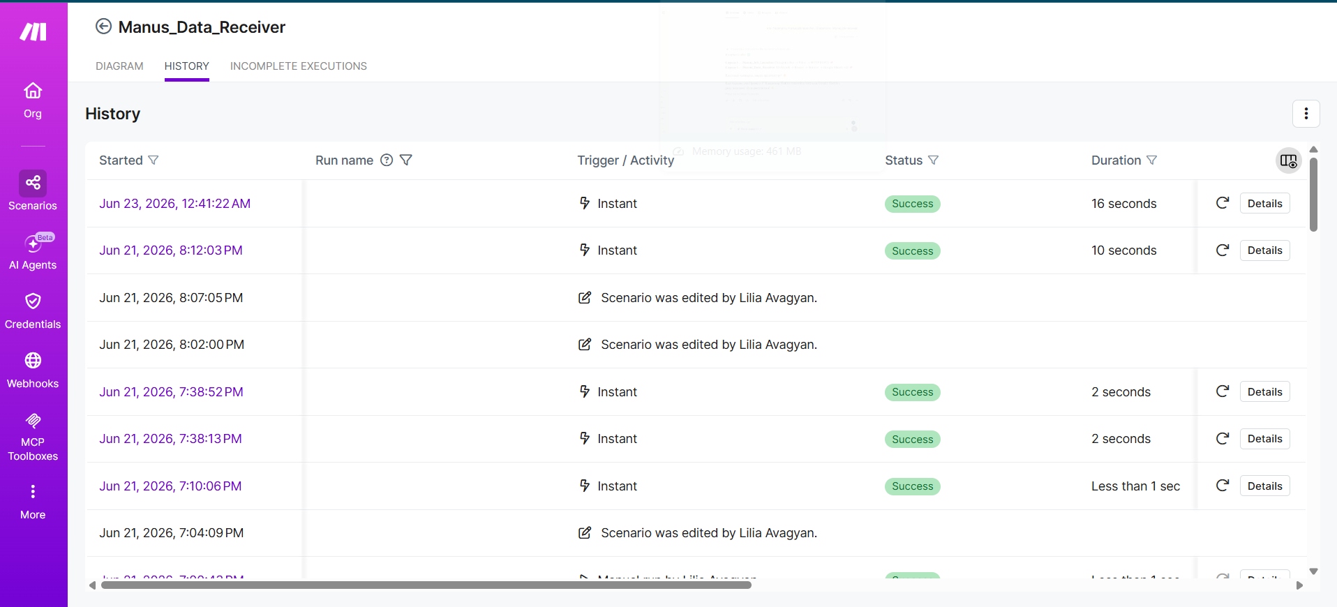 Make.com scenario history for Manus_Data_Receiver